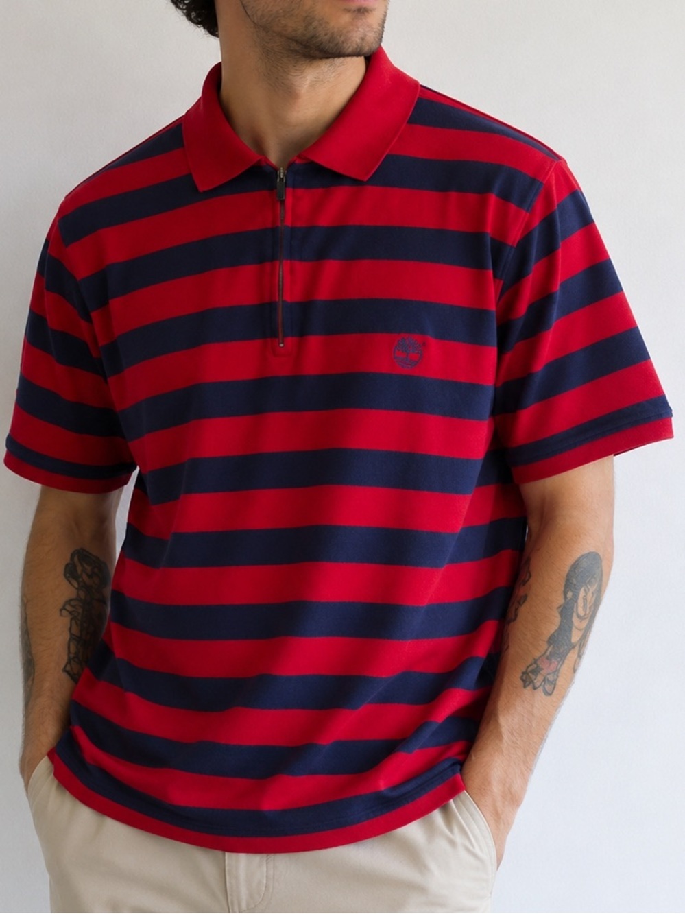 Vintage 1998 Timberland Red & Navy Striped Quarter Zip Polo Shirt | 100% Cotton